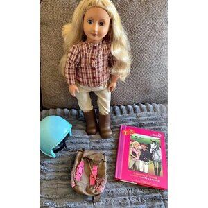 Our Generation Doll Tamera Blonde Horseback Riding Outfit Helmet Backpack Book